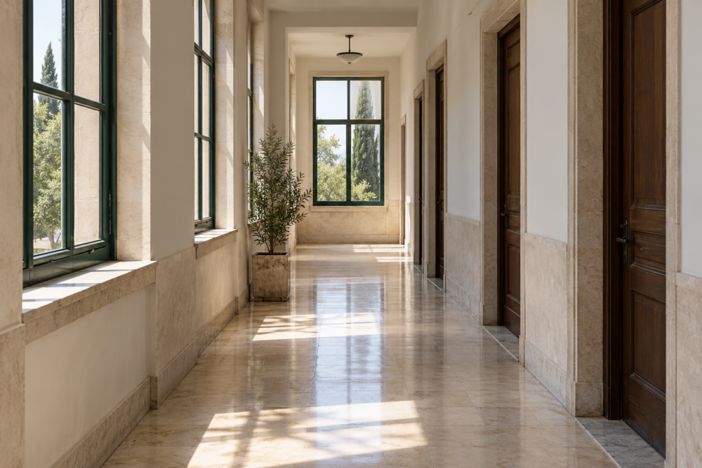 Φωτεινός διάδρομος με πέτρινο δάπεδο και ξύλινες πόρτες